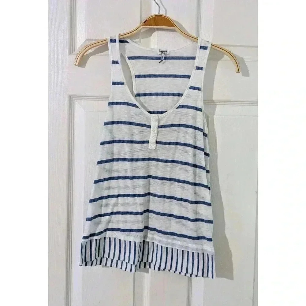 Splendid Striped Tank Top XS White Blue Sleeveless Ruffle Hem Casual